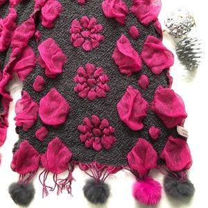 3x$25 Ruffled Scarf With Pom Poms And Knitted Flowers