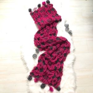 3x$25 Ruffled Scarf with Pom Poms and Knitted Flowers