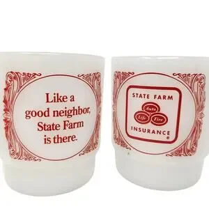 3x Vintage Fire King Stacking Mugs Milk Glass State Farm Insurance Advertising