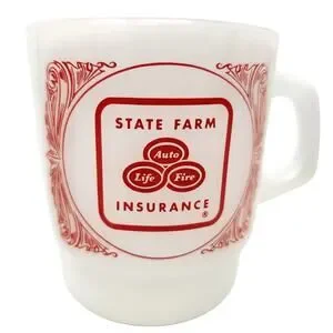 3x Vintage Fire King Stacking Mugs Milk Glass State Farm Insurance Advertising