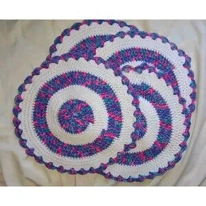 (4) 16.5" Handmade Vintage Crocheted Doilies Placemats Colorful Variegated