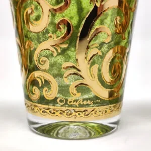 5X Vtg Culver Toledo Shot Glasses MCM Baroque Green Gold Scroll Barware Party