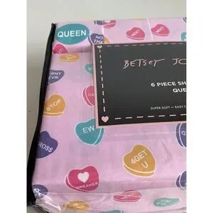 6 Pc Betsey Johnson QUEEN Sheet Set Pink Conversation Hearts Love Sweetheart NEW