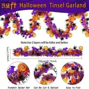 78.74in Halloween Ribbon Garland With Orange Pumpkin Black Spider Purple Bat
