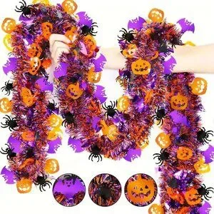 78.74in Halloween Ribbon Garland with Orange Pumpkin Black Spider Purple Bat