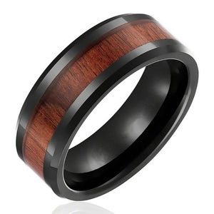 8mm Men Stainless Steel Wood Black Filled Band