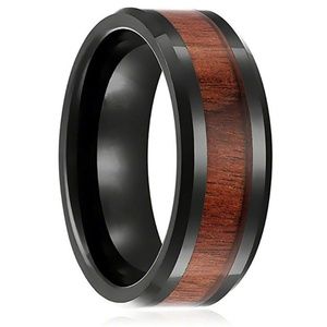 8mm Men Stainless Steel Wood Black Filled Band