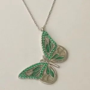 925 Silver Green Butterfly Necklace Cz Enamel