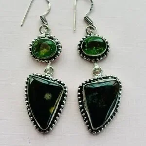 925 Sterling Bloodstone & Peridot Dangle Earrings
