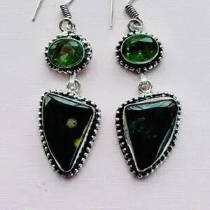 925 Sterling Bloodstone & Peridot Dangle Earrings