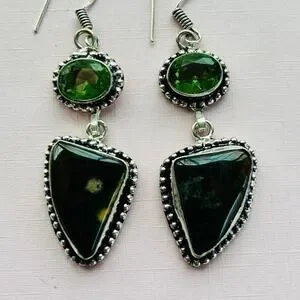 925 Sterling Bloodstone & Peridot Dangle Earrings