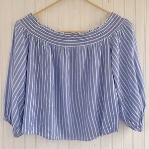 Abercrombie & Fitch Women's Blue White Striped Wide Neck Cropped Top Small
