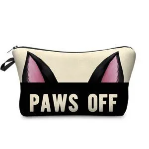 Adorable kitty Paws Off makeup bag in cool black and cream