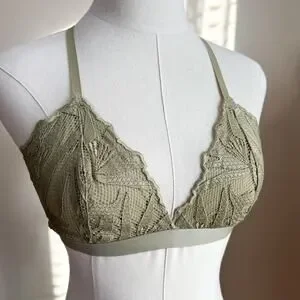 Aerie Green Lace Unlined Triangle Bralette Small Strappy No Padding Lace Bra