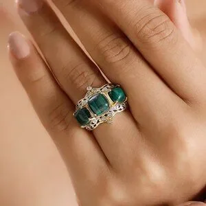 African Malachite And White Zircon Crown Ring In Size 8 In Sterling Silver