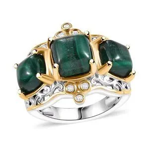 African Malachite and White Zircon Crown Ring in Size 8 in Sterling Silver