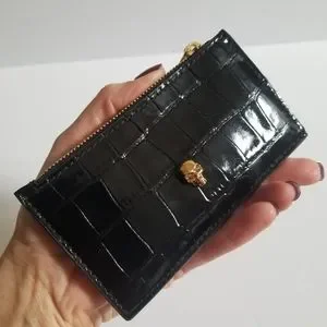 Alexander McQueen Croc-Embossed Leather Skull Card Holder Black Gold