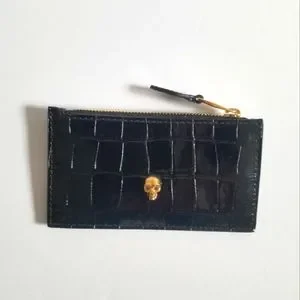 Alexander McQueen Croc-Embossed Leather Skull Card Holder Black Gold