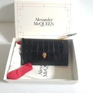 Alexander McQueen Croc-Embossed Leather Skull Card Holder Black Gold