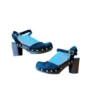 Alpe Woman Black Suede Studded Ankle Strap Block Heel Platforms Women's Size 7.5
