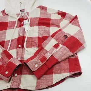 American Eagle Oversized Women Plaid Button-Up Hoodie Size Large Long Sleeves