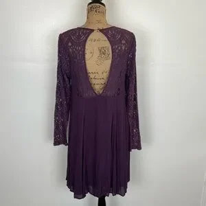 Anama Midi Dress Size L Lace Sleeve Long Sleeve Open Back A Line Color Purple