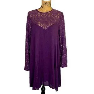 Anama Midi Dress Size L Lace Sleeve Long Sleeve Open Back A Line Color Purple