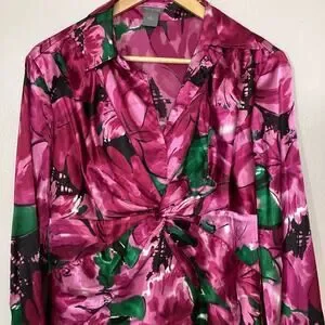 Ann Taylor Fuchsia Pink Floral Printed Blouse Silky V Neck Twist Front 14