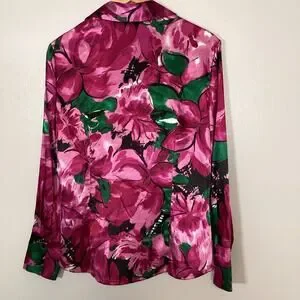 Ann Taylor Fuchsia Pink Floral Printed Blouse Silky V Neck Twist Front 14