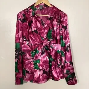 Ann Taylor Fuchsia Pink Floral Printed Blouse Silky V Neck Twist Front 14