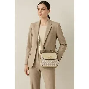Anne Klein 7" X 8" X 3.5" Crossbody Bag With AK Logo Adjustable Strap Beige/Br