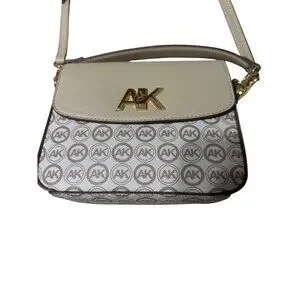 Anne Klein 7" X 8" X 3.5" Crossbody Bag With AK Logo Adjustable Strap Beige/Br