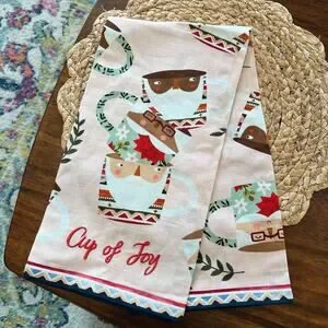 Anthropologie Fotini Tikkou Santa Mrs Claus Mugs Dish Towel Christmas Cup Of Joy