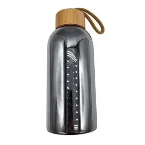 Anthropologie Iridescent Silver Mirror Luster Glass Water Bottle Bamboo Lid Rope