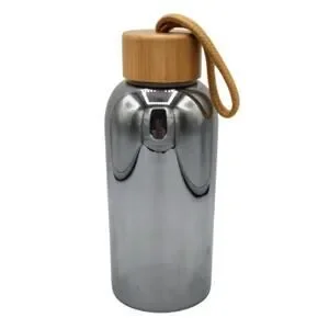 Anthropologie Iridescent Silver Mirror Luster Glass Water Bottle Bamboo Lid Rope