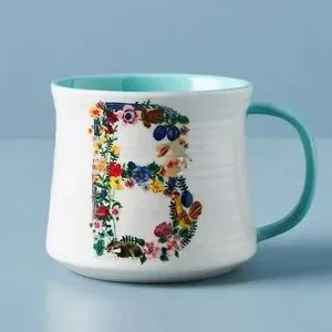 Anthropologie Nathalie Lete B Monogram Mug Floral Ceramic Blue White Coffee Cup