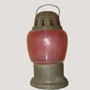 Antique Ice Skating Handheld Red Glass Metal Lantern Lamp Rustic Patina Small