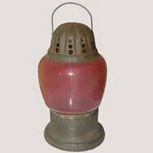 Antique Ice Skating Handheld Red Glass Metal Lantern Lamp Rustic Patina Small