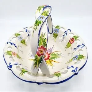 Antique Portugal Vibrant Cobalt Blue White Floral Ceramic Hand Painted Basket