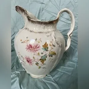 Antique Vintage Ivory & Floral Vessel Pitcher Gold Porcelain Ceramic Collectible