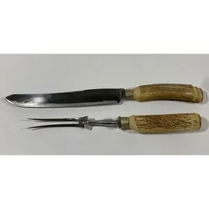 Antique Walker & Hall Sheffield Silver Carving Set carved Antler England 13”