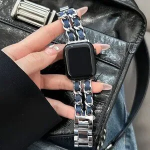 Apple Watch Band Luxury Adjustable Stylish Strap Silver Stainless Chain Denim