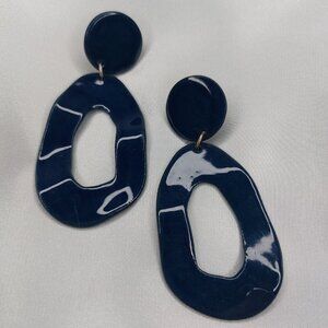 Artisan Clay Earrings Navy Blue Pierced Dangle Oval Articulated Like New