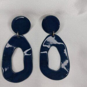 Artisan Clay Earrings Navy Blue Pierced Dangle Oval Articulated Like New