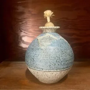 Artisan studio pottery oil lamp signed vintage 1970s by T.K. Seelos
