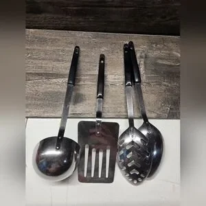 Ashton Stainless Serving Utensils Vintage MCM Set 1970s Black Gold Wheat White