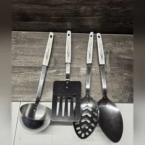 Ashton Stainless Serving Utensils Vintage MCM Set 1970s Black Gold Wheat White