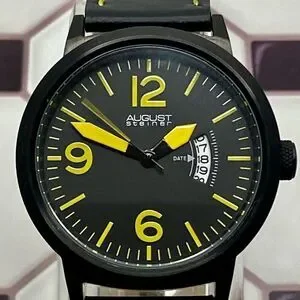 August Steiner Bold Black & Yellow Watch Leather Strap Contrast Stitching