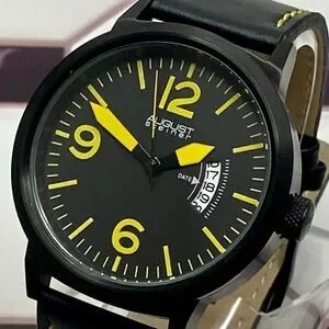 August Steiner Bold Black & Yellow Watch Leather Strap Contrast Stitching