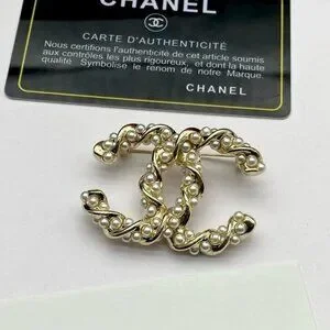 Authentic CHANEL BROOCH Gold White Pearl Rhinestone Like New